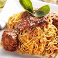 Spaghetti and Meatballs · Spaghetti with tomato sauce, served with meatballs.