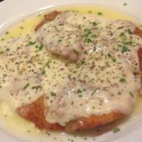 Chicken Milanese Entree · Breaded chicken cutlet in a lemon butter sauce topped with melted mozzarella.