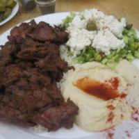 Beef Shish Kebab Plate · Fresh filet mignon beef seasoned. Includes lettuce, tomatoes and cucumber as well as salad, ...