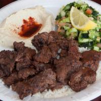 Beef Kafta Plate · Freshly ground beef mixed with our house spices. Includes lettuce, tomatoes and cucumber as ...
