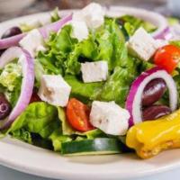 1/2 Greek Salad · Fresh greens, tomatoes, cucumbers, onions, feta cheese, Kalamata olives, and Greek peppers. ...