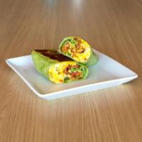 Breakfast Burrito · Comes with 2 scrambled eggs, bacon, cheddar cheese, potatoes and pico de gallo in a spinach ...