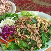 Larb Chicken Salad · Chili, onion, lime, mint, cilantro, and ground roasted rice. Spicy. ONLY USE SPECIAL INSTRUC...