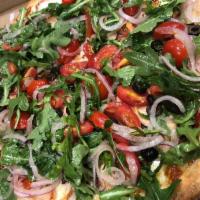 Milanese Pizza (W) · Roasted chicken, topped with arugula, red onions, tomatoes and olives with a balsamic glaze ...