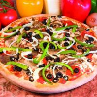 Combo Pizza · Pepperoni, Italian sausage, black olives, mushrooms, green peppers and onions.