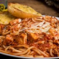 Spaghetti w/Grilled Chicken · Spaghetti topped w/house marinara, grilled chicken breast, whole-milk mozzarella (served w/g...