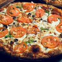 Veggie  Pizza · Roma tomatoes, mushrooms, onions, green bell peppers, black olives, fresh garlic, whole-milk...