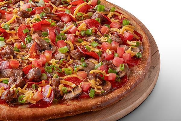 Garlic Lovers Pizza · Signature Garlic White Sauce on our Original Crust, topped with Mozzarella, Parmesan, and Cheddar Cheeses, Pepperoni, Italian Sausage, Mushrooms, Chopped Garlic, Green Onions, and Fresh Roma Tomatoes.