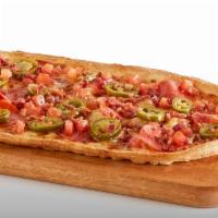 Fiery Pepperoni Bacon · Dough with white sauce, mozzarella cheese, pepperoni, bacon , cooked tomatoes and jalapenos.