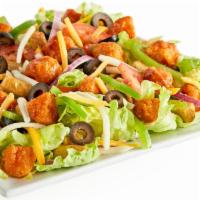 Buffalo Chicken Salad · Buffalo chicken, iceberg lettuce, bell peppers, red onions, black olives, Roma tomatoes, moz...