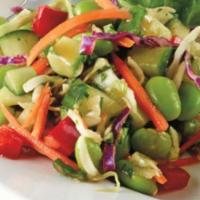 Asian Edamame Salad · Edamame, cabbage, cucumber, red bell pepper, carrot, green onion, basil, cilantro, ginger so...