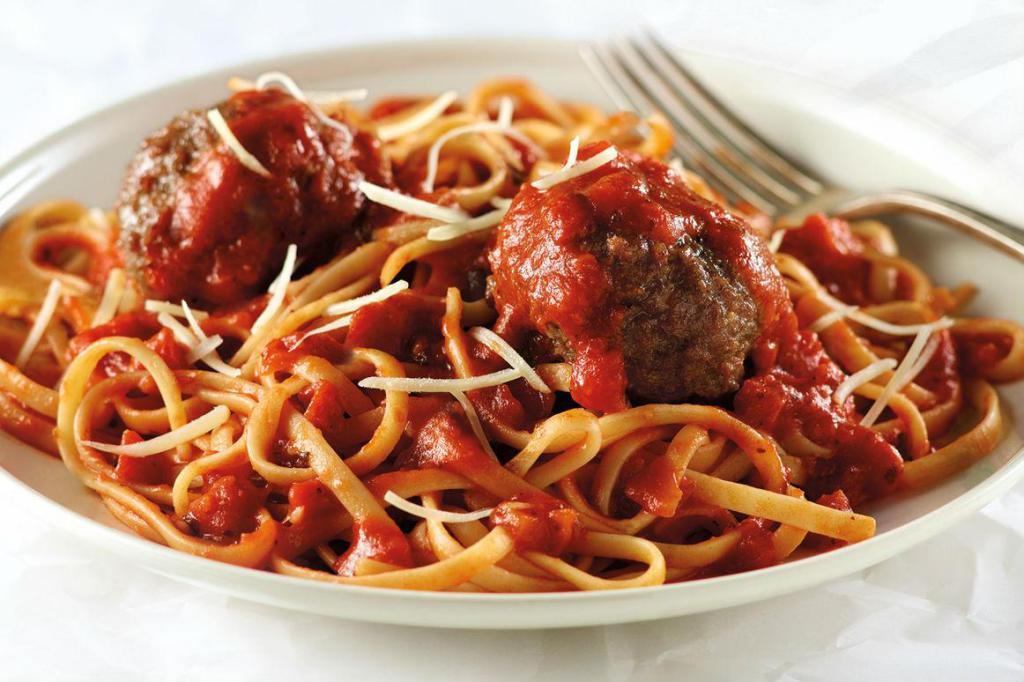 Linguine & Meatballs · Beef meatballs, Parmesan, linguine, marinara.