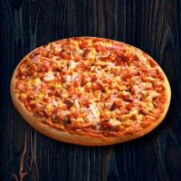 BBQ Chicken Pizza · BBQ sauce, mozzarella cheese, red onions, bacon and diced chicken.