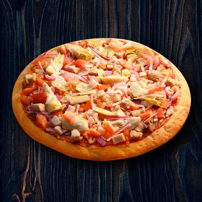 Chicken Artichoke Pizza · Creamy garlic sauce, mozzarella cheese, diced chicken, red onions, tomatoes and artichoke hearts.