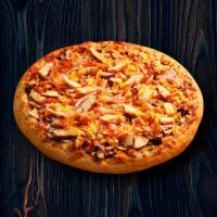 Grilled Chicken Pizza · Creamy garlic sauce, mozzarella cheese, mushrooms, red onions, bacon, grilled chicken and fr...