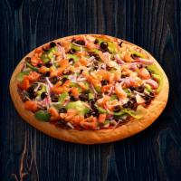 Vegetarian Pizza · Tomato sauce, mozzarella cheese, mushrooms, bell peppers, red onions, black olives and tomat...