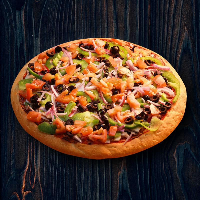 Vegetarian Pizza · Tomato sauce, mozzarella cheese, mushrooms, bell peppers, red onions, black olives and tomatoes. Veggie.