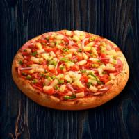 Hawaiian Deluxe Pizza · Creamy garlic sauce, mozzarella cheese, Canadian bacon, red onions, bacon, tomatoes, pineapp...