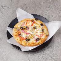 Greek Pizza · Light garlic sauce, mozzarella, black olives, red onion, artichoke hearts, fresh Roma tomato...