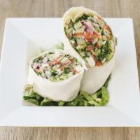 Greek Salad Wrap · Served with tomatoes, cucumber, lettuce, onions, feta cheese, extra virgin Greek olive oil a...