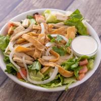 Chicken Mojo Salad · Cuban marinated chicken breast, iceberg and romaine lettuce, tomatoes, onion, black beans, t...