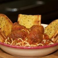 Spaghetti with Meatballs · Served with homemade meatballs and topped with marinara sauce. Served with garlic bread and ...