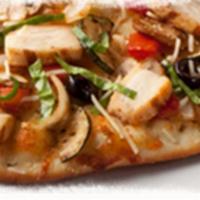 Roasted Veggies & Chicken Flatbread · Roasted chicken, mushrooms, tomatoes, onions, zucchini, black olives and Parmesan-Romano ble...