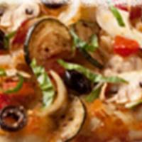 Roasted Veggies & Mozzarella Flatbread · Fresh mozzarella, mushrooms, tomatoes, onions, zucchini, black olives, garlic and Parmesan-R...