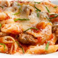 Marinara with Sausage and Mushrooms · Our pasta is oven-baked with 3 cheeses, topped with fresh basil and Parmesan-Romano. Penne p...