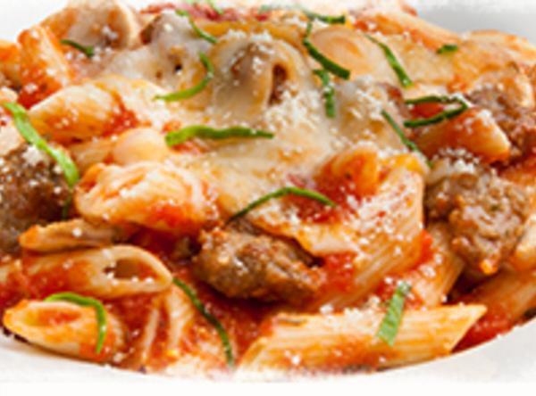 Marinara with Sausage and Mushrooms · Our pasta is oven-baked with 3 cheeses, topped with fresh basil and Parmesan-Romano. Penne pasta, marinara, sausage, and mushrooms.