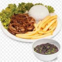 15. Bife Acebolado · Steak and onion. Grilled steak with onions on top. Served with White Rice, Black Beans, and ...