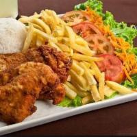 19. Frango a Milanesa · Breaded chicken. marinade chicken served with White Rice, Black Beans, and 1 side option.