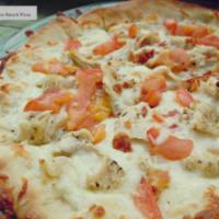 Chicken Bacon Ranch Pizza · Signature white sauce pizza with chicken, bacon and tomato.