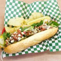 John Ley's Green Beret · Toasted baguette, hummus, roasted bell pepper, banana peppers, olive salad, cucumber, lettuc...
