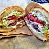 171. Jeremy Stoppelman Sandwich · Breaded eggplant, pesto, habanero, grilled tomatoes and provolone.