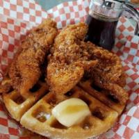 Hot Chicken and Waffles · Hot chicken and waffles comes with a Belgian style waffle, 3 jumbo tenders. A customer favor...