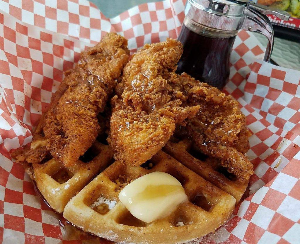 Hot Chicken and Waffles · Hot chicken and waffles comes with a Belgian style waffle, 3 jumbo tenders. A customer favorite.