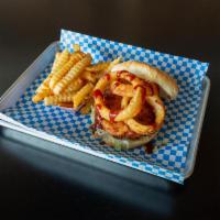 BBQ Shrimp Burger · Tangy BBQ sauce topped with crispy onion rings. Served with choice of a 2 sides.