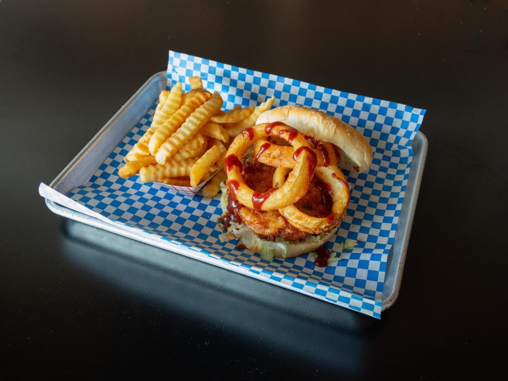 BBQ Shrimp Burger · Big shake's famous shrimp burger topped with crispy onion rings and tangy BBQ sauce and lettuce.