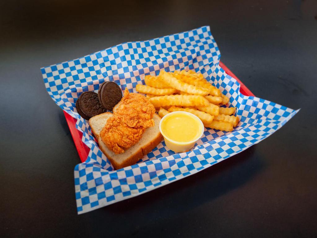 Chicken Tenders Kid's Meal · Includes 1 jumbo chicken tender, french fries, cookies, white bread, children's drink and choice of dipping sauce.