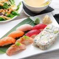 Sushi Value Meal for 2 · 2 miso soups, 2 garden salads, edamame, California roll, spicy yellowtail roll, 2 baked crab...