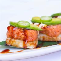 Spicy Tuna on Crispy Rice (6) · Spicy tuna (served cold) on rice cake with avocado, onion, jalapenos, spicy mayo and eel sau...