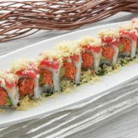 Red Dragon Roll · Spicy tuna roll topped with tuna and tempura crunch. Hot and spicy.
