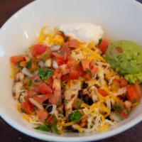 Burrito Bowl · All the goodness minus the carbs, choice of grilled chicken, beef, shredded chicken or carni...