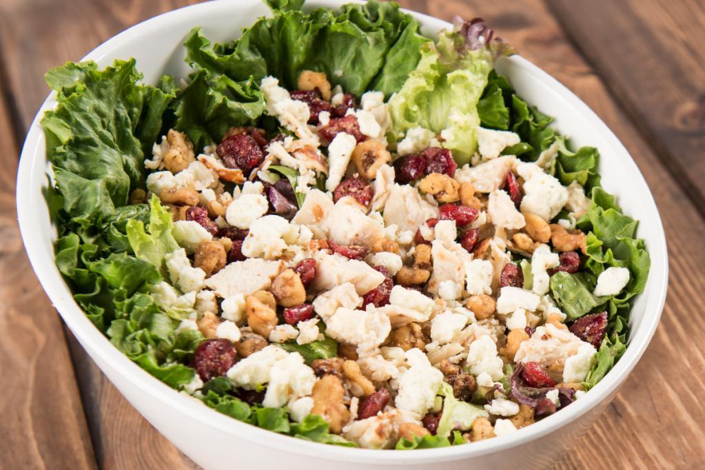 Balsamic Chicken Salad · Premium grilled chicken breast meet with gorgonzola cheese crumbles, glazed cranberry walnuts and balsamic dressing on a bed of mixed greens. 