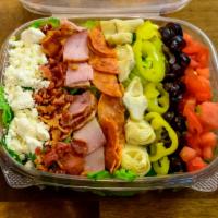Antipasti Salad · Tomato, Black Olives, Banana Peppers, Bacon, Pepperoni, Ham, Provolone