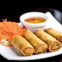 24. Thai Veggie Rolls · Fine slices of cabbage, carrot, celery and glass noodle wrapped and lightly fried.