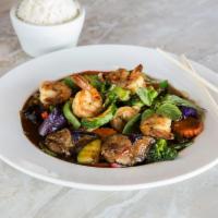 61. Spicy Eggplant · Oriental eggplant, yellow onion, jalapeno, carrot, broccoli, bell pepper and basil. Served w...