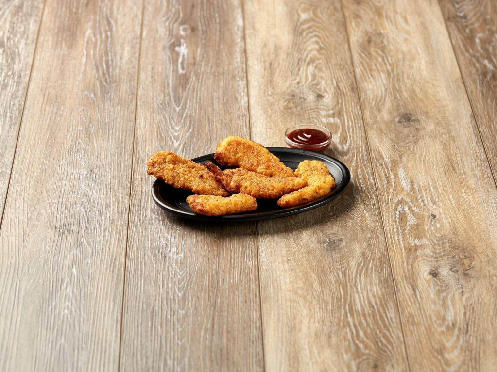 Chicken Fingers · Five pieces. Served with BBQ, honey mustard, or ranch.