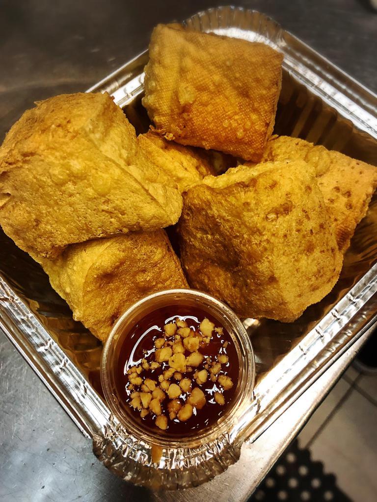 Golden Fried Tofu · Grounded peanuts with sweet chili sauce. Vegan.